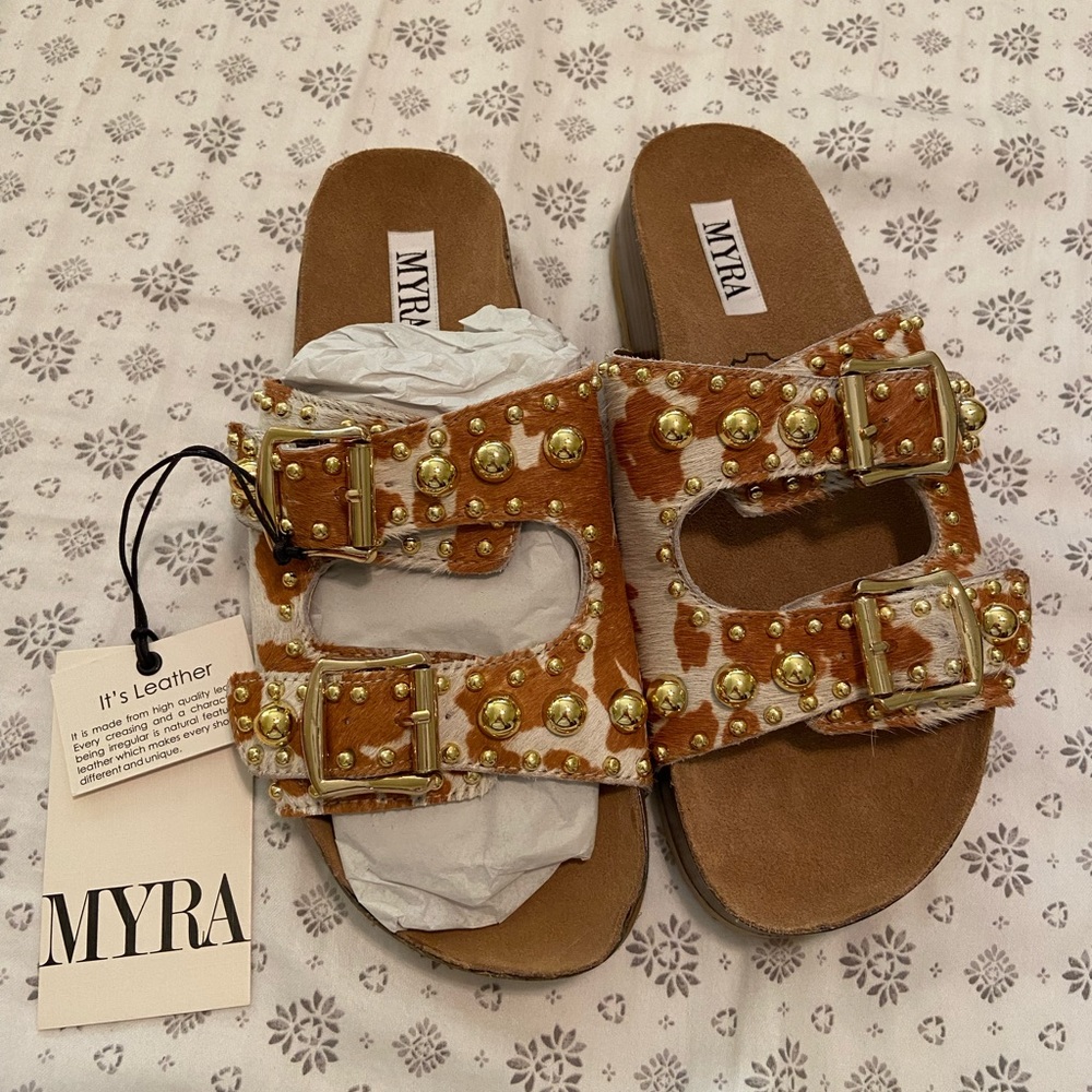 NWT Myra cowhide with gold studs sandals. Size 7.